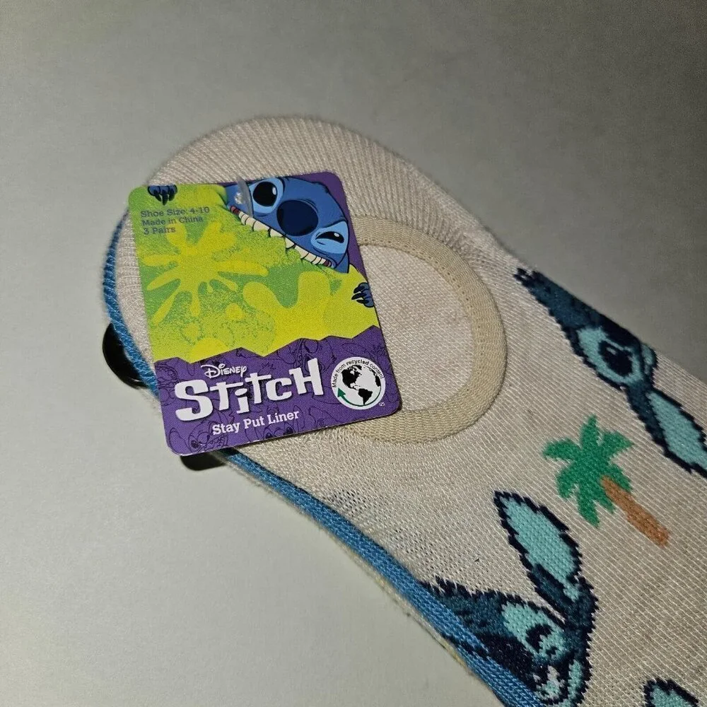 NEW 3 Pairs Disney Stitch Stay Put Liner Socks Women's Shoe Size 4-10 Alien Lot